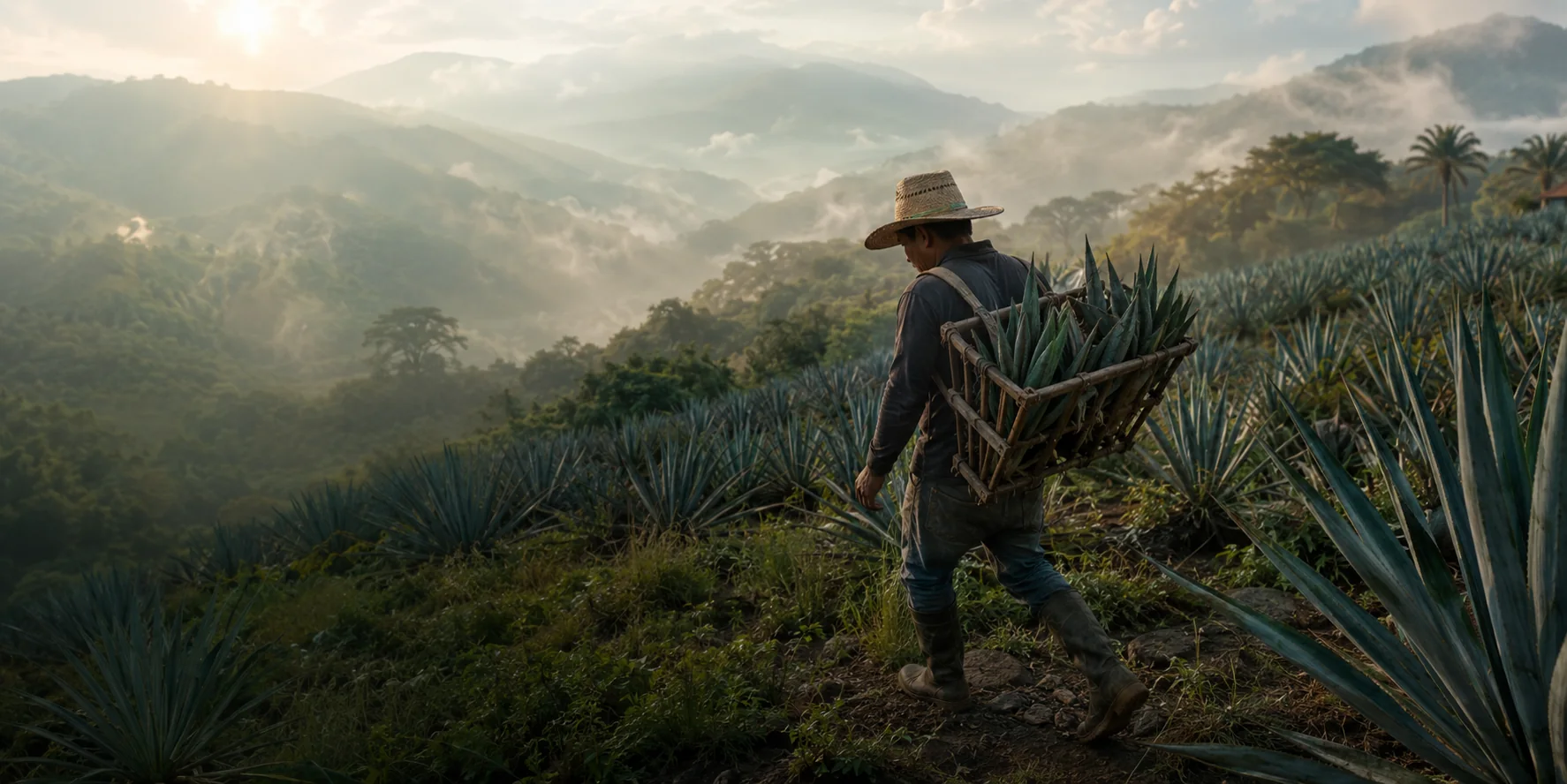 Productor mexicano caminando entre agaves en Guerrero