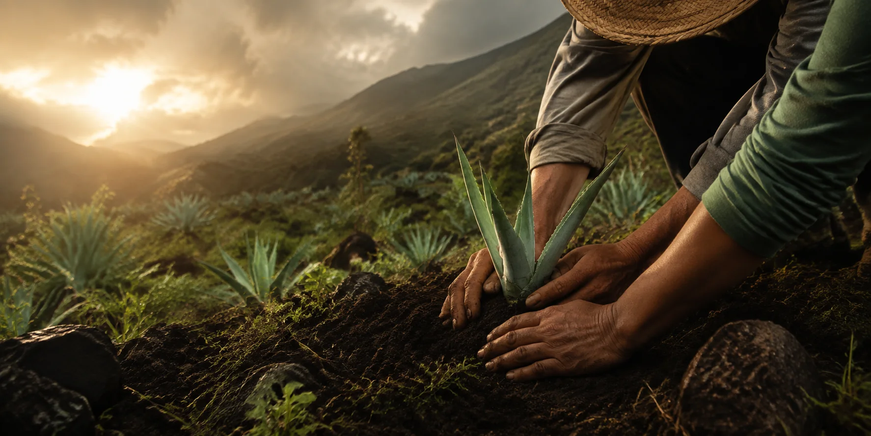 Manos plantando un agave en tierra mexicana